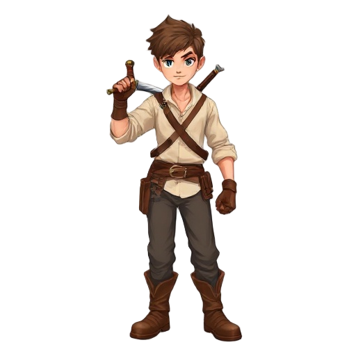 male adventurer, 17-year-old village boy, full body, holding a sword in right hand, wearing cream-colored linen shirt, dark earthy-gray pants, brown boots, brown leather gloves and belt, aggressive eyes