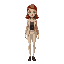 a stylish young woman with natural red hair, fair skin with light freckles, and green-gray eyes, captured in a professional editorial photoshoot. she's wearing a modern and elegant outfit: a light lin