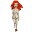 a stylish young woman with natural red hair, fair skin with light freckles, and green-gray eyes, captured in a professional editorial photoshoot. she's wearing a modern and elegant outfit: a light lin