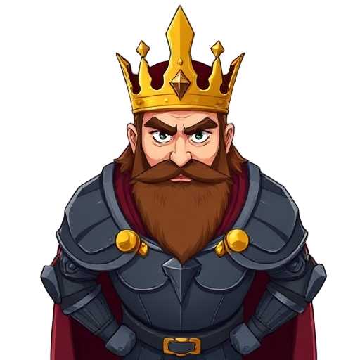 middle-aged king in heavy dark steel plate armor with gold trims, wearing a golden crown integrated with his helmet. thick brown beard, serious expression. dark crimson royal cape reaching the ground.