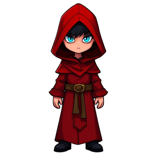 a mysterious young mage wearing a red hooded robe, standing against a simple green and brown background. the mage has glowing cyan eyes and a shadowed face hidden.