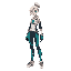 ett is a slender woman of average height with short bleached hair and a high ponytail. she wears a sleek white techwear vest, turquoise‐striped pants, gloves, sneakers and curved blades at her waist.