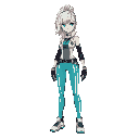 ett is a slender woman of average height with short bleached hair and a high ponytail. she wears a sleek white techwear vest, turquoise‐striped pants, gloves, sneakers and curved blades at her waist.