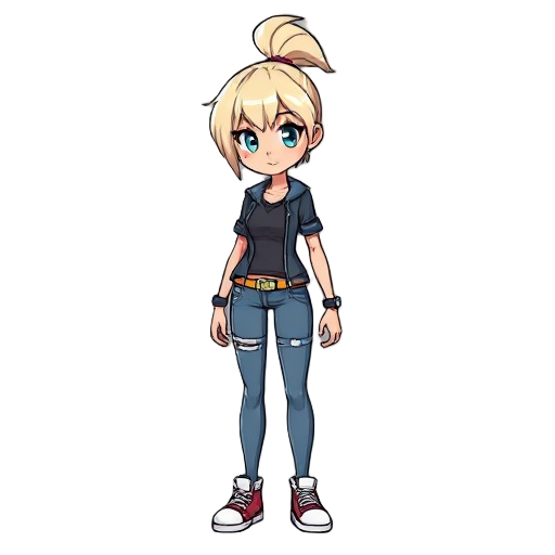 jett is a young woman of average height with a slender, athletic build and delicate yet confident features. her short, bleached hair falls into a messy fringe framing her face, while a high ponytail s