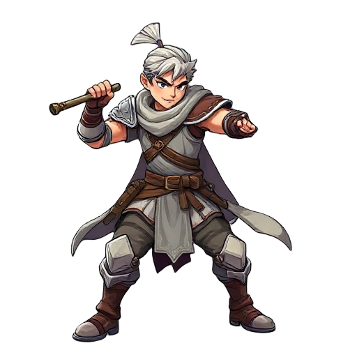 fantasy warrior male, wearing light armor and combat clothes, with dynamic fighting pose, detailed shading using limited color palette