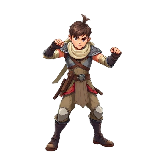 fantasy warrior male, wearing light armor and combat clothes, with dynamic fighting pose, detailed shading using limited color palette