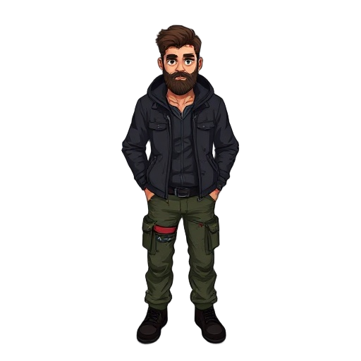top down 2d character. age 30 , with beard , wearing black jacket and cargo pants, muddy worn , blood stains