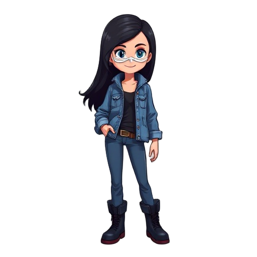 woman with black hair and white mask, blue denim jacket and boots
