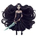 long magical hair as weapon, chain-wrapped dress, cracked mirror shard blade, glowing braid tips, gothic cartoon style, top-down