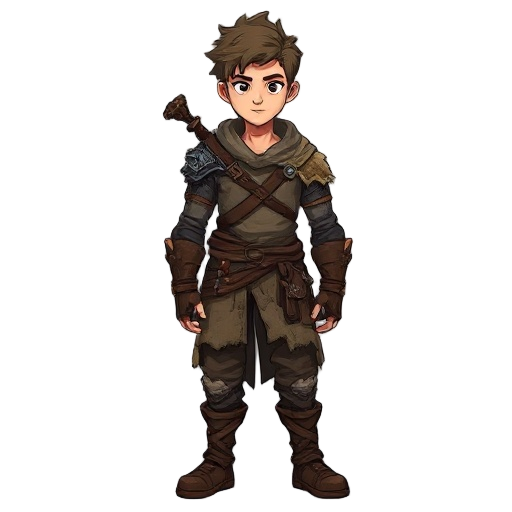 a fantasy character  of a young man named dean, his clothes are torn and dirt-stained, remnants of leather armor and a faded