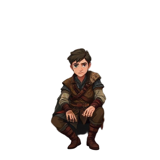 a fantasy character portrait of a young man named dean, sitting silently beneath a twisted, ancient tree in a misty forest. his clothes are torn and dirt-stained, remnants of leather armor and a faded