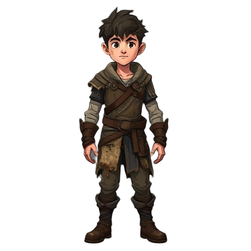 a fantasy character  of a young man named dean, his clothes are torn and dirt-stained, remnants of leather armor and a faded
