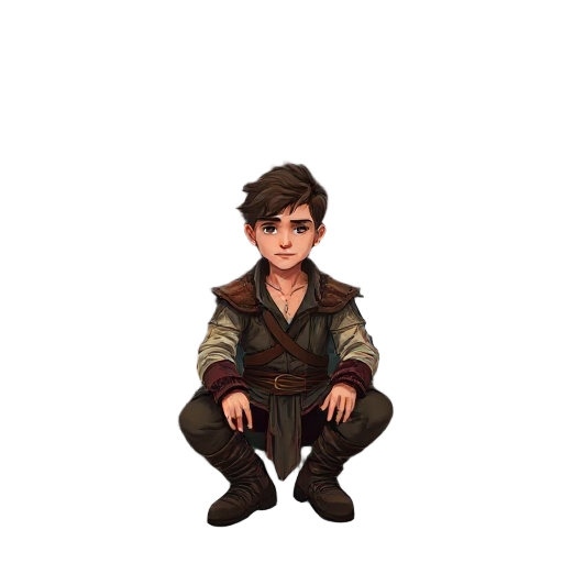 a fantasy character portrait of a young man named dean, sitting silently beneath a twisted, ancient tree in a misty forest. his clothes are torn and dirt-stained, remnants of leather armor and a faded