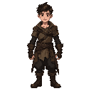a fantasy character  of a young man named dean, his clothes are torn and dirt-stained, remnants of leather armor and a faded