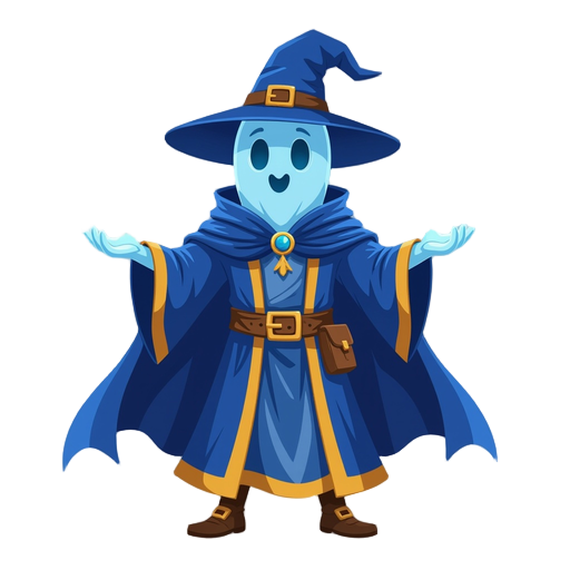a wizard ghost with a blue cape