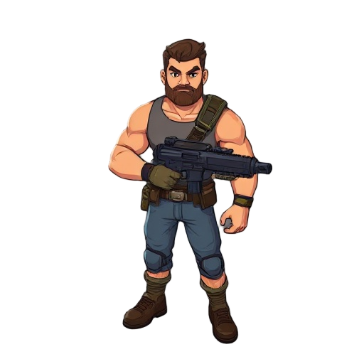 personagem homem forte musculodo sem camisa segurando arma