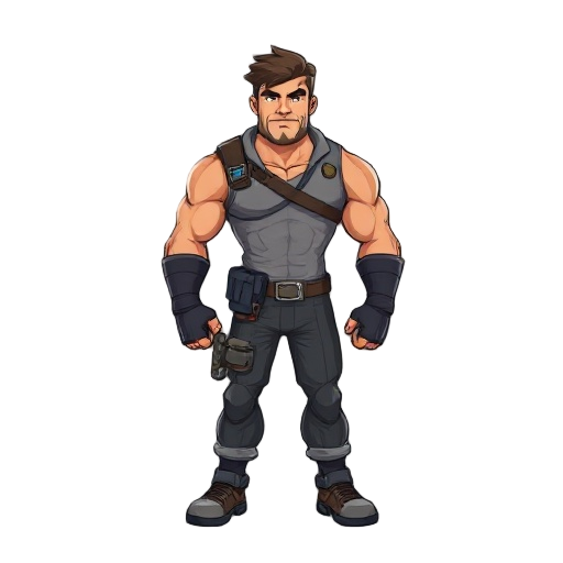 personagem homem forte musculodo sem camisa segurando arma