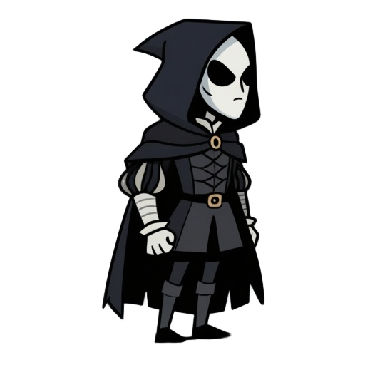 dark 16th-century masked character wearing a dark hooded tunic, in tim burton’s gothic whimsical style, drawn with thick bold lines, minimal details, flat and simple cartoon style. side view (side-scrolling) for a 2d platformer game. dark moody atmosphere