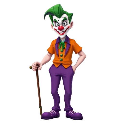 character inspired in the joker, orange t-shirt and violet trousers, wear a cane un the left hand