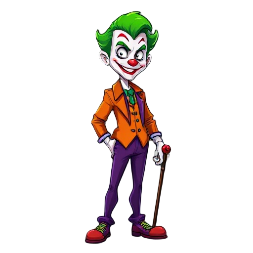 a consistent character called jioqué. is a character inspired by batman's joker. he wears an orange shirt and purple pants, with a cane in his left hand. she wears clown makeup and neon green hair. he is tall and thin with a malevolent smile.  bottomless