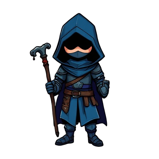 "a hooded knight with a blue color palette. his face must not be visible, hidden deep in shadow. under the hood, he wears armor. he carries a worn hiking staff as his weapon. his look blends mystery, elegance, and utility—like a guardian of ancient paths.