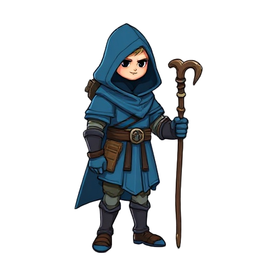 i want the character to be a hooded knight who matches a blue color palette and carries a hiking staff as his weapon. he should have an air of mystery, with a design that blends practicality and elegance, as if he were a seasoned wanderer or guardian of a