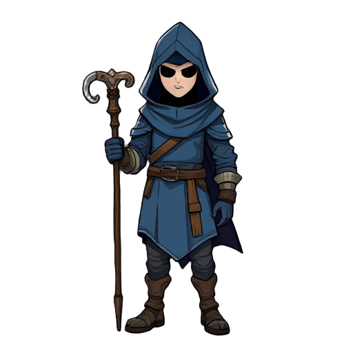 i want the character to be a hooded knight who matches a blue color palette and carries a hiking staff as his weapon. he should have an air of mystery, with a design that blends practicality and elegance, as if he were a seasoned wanderer or guardian of a