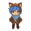 niko is a child with blue hair, three whisker-like strands, yellow catlike eyes, and tan skin/fur. they wear a brown overcoat, light blue scarf, brown cat-eared hat, grayish-purple leggings. 16 bit