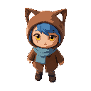 niko is a child with blue hair, three whisker-like strands, yellow catlike eyes, and tan skin/fur. they wear a brown overcoat, light blue scarf, brown cat-eared hat, and grayish-purple leggings.