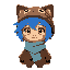 niko is a child with blue hair, three whisker-like strands, yellow catlike eyes, and tan skin/fur. they wear a brown overcoat, light blue scarf, brown cat-eared hat, and grayish-purple leggings.