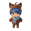 niko is a child with blue hair, three whisker-like strands, yellow catlike eyes, and tan skin/fur. they wear a brown overcoat, light blue scarf, brown cat-eared hat, grayish-purple leggings. ut styled