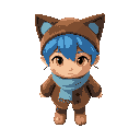 niko is a child with blue hair, three whisker-like strands, yellow catlike eyes, and tan skin/fur. they wear a brown overcoat, light blue scarf, brown cat-eared hat, and grayish-purple leggings.