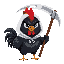 cute angry black rooster with white hood on his head holding a scythe. he has a black beard and a black comb.