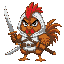 cute angry brown rooster with white hood on his head holding dual swords. 