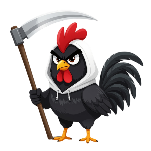 cute angry black rooster with white hood on his head holding a scythe. he has a black beard and a black comb.
