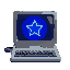 facing left: retro grey computer with keyboard and a glowing strong royal blue star on the screen