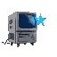 facing left: retro grey computer with a glowing strong royal blue star on the screen