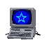facing left: retro grey computer with keyboard and a glowing strong royal blue star on the screen