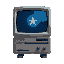 retro grey computer with a faint glowing blue star on the screen