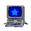 facing left: retro grey computer with keyboard and a glowing strong royal blue star on the screen