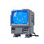 retro grey computer with a glowing strong royal blue star on the screen