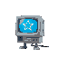 retro grey computer with a glowing blue star on the screen