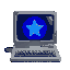 facing left: retro grey computer with keyboard and a glowing strong royal blue star on the screen