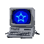 facing left: retro grey computer with keyboard and a glowing strong royal blue star on the screen