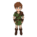 teen of about 17 years old, brown hair, blue eyes, wears a green tunic with a leather shoulder pad on his left shoulder, nothing in his hands, wearing boots,
