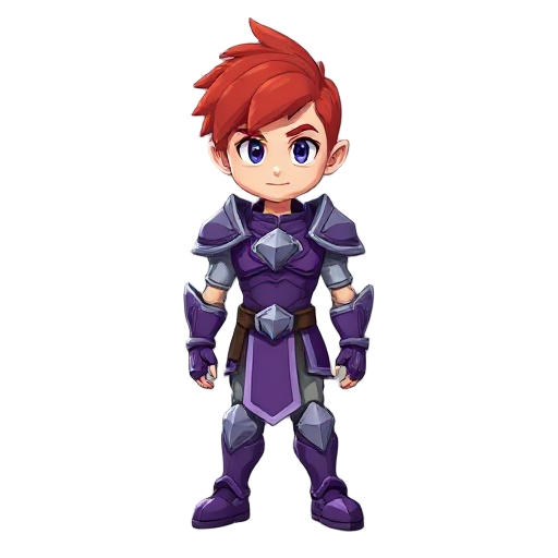 red hair, purple armor, heroic