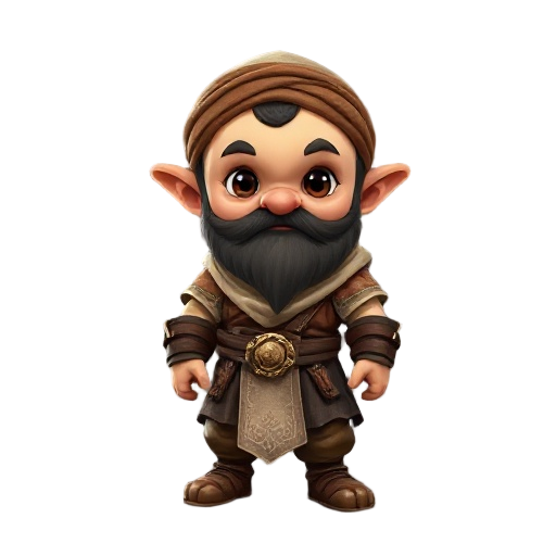a full view of a tiny, warrior-like dwarf child. his head is large and round, his nose small, his ears round, and his eyes bright, looking straight ahead. his body is huge and plump, and he wears a small, elaborately made arab robe and leather trousers. r