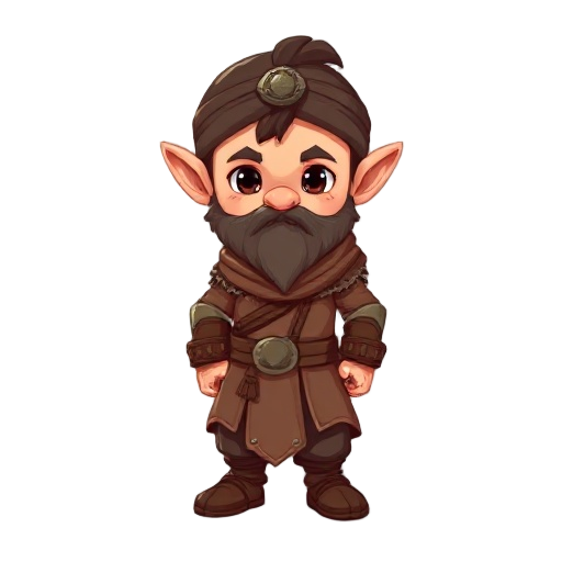 a full view pixel of a tiny, warrior-like dwarf child. his head is large and round, his nose small, his ears round, and his eyes bright, looking straight ahead. his body is huge and plump, and he wears a small, elaborately made arab robe and leather trous