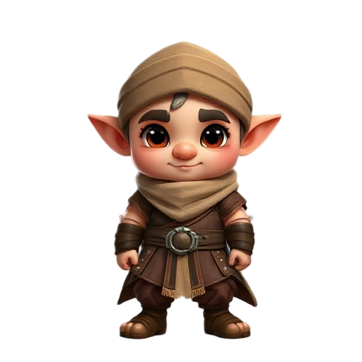 a full view of a tiny, warrior-like dwarf child. his head is large and round, his nose small, his ears round, and his eyes bright, looking straight ahead. his body is huge and plump, and he wears a small, elaborately made arab robe and leather trousers. r