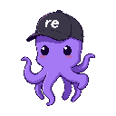 a cute minimalist purple octopus with a black baseball cap that says “re” 